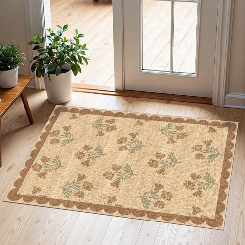Front Door Mat Indoor Outside Entrance 2x3 Tan Floral Scalloped Rug by Othilic