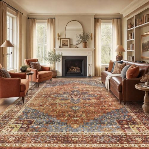 AMADA HOMEFURNISHING 9x12 Washable Area Rug, Low-Profile Large Area Rug with Non-Slip Backing & Durable Edge Binding, Vintage Large Rugs for Living Room, Bedroom & Dining Room by AMADAHOMEFURNISHING