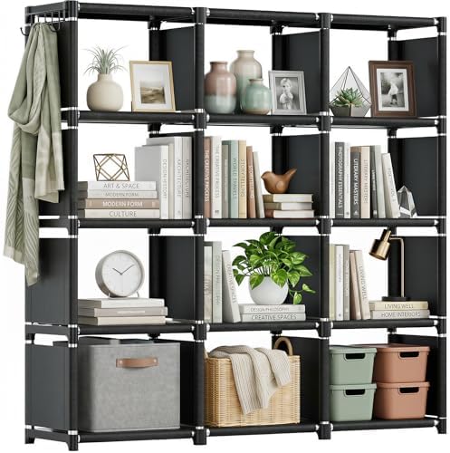 Mavivegue Book Shelf, 12 Cube Storage Organizer, DIY Bookcase, Metal Bookshelf,Tall Book case for Bedroom, Living Room,Office,Closet, Black Cubicle Rack by Mavivegue