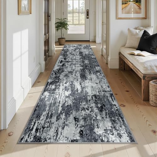 RELEANY Washable Runner 3'x12' Abstract Area Rug for Hallway Black White - Image 2