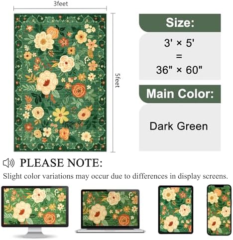 DUKINO 3x5 Area Rug, Floral Washable Rug for Bedroom Non Slip, Dark Green - Image 2