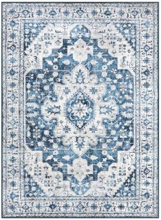 Moynesa Ultra-Thin Washable Area Rug - 5x7 Blue Rugs for Living Room Washable Rugs for Bedroom Soft Dining Room Mat, Vintage Printed Low Pile Indoor Carpet for Office Sunroom Playroom - Image 6