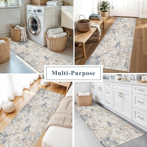 2x6 Washable Non-Slip Hallway Runner Rug – Modern Abstract Soft Carpet Runner for Kitchen, Bedroom with Rubber Backing – Low-Pile Thin Stain-Resistant Rug for Laundry Room, Entryway（Blue Brown） - Image 3