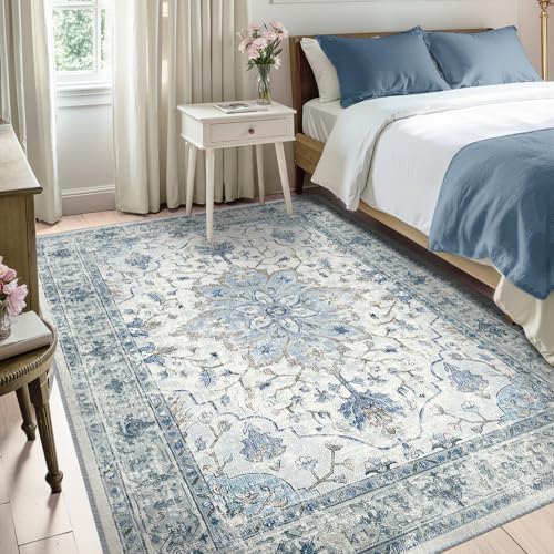 RELEANY Washable Area Rug, 5'x7', Blue/White/Gray - Image 2