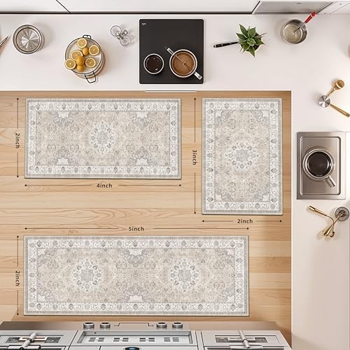 4 Pieces Kitchen Rug Set: Washable Water Resisitant Carpet for Sink Stove Area Soft Floor Mats with Non-Slip Backing for Bathroom Low-Pile Runners for Family with Elderly Dogs(2x3+2x4+2x5+2x6,Beige) - Image 4