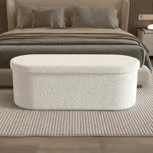 GLAXYFUR Oval Ottoman with Storage for Living Room, Sherpa Bench, Beige - Image 4