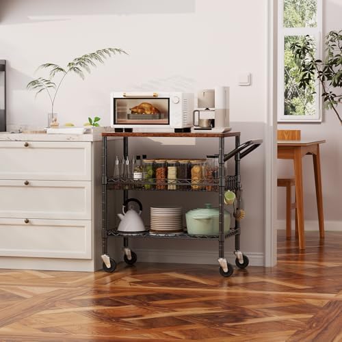 WDT 3 Tier Rolling Carts with Wheels, Heavy Duty Rolling Utility Cart with Wood Tabletop, Commercial Grade Metal Cart with Handle and Hooks, NSF Storage Serving Carts for Kitchen Island, Wood+Metal - Image 2