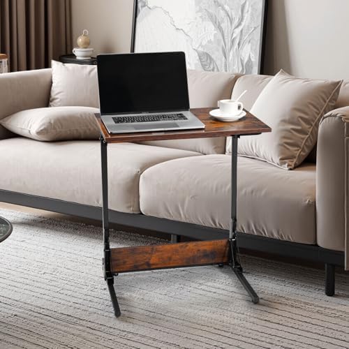 VEVOR C Table, Folding C Shaped End Table with Metal Frame & Adjustable Feet, Foldable C Shaped Side Table for Living Room Bedroom Office, 23.62 x 14.57 x 27.56 inch TV Tray, Brown and Black - Image 2