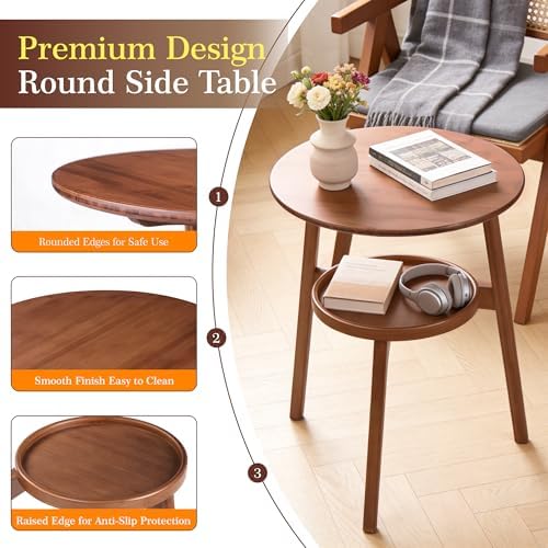 2-Tier Round Bamboo Side Table, Mid Century Modern End Table - Image 4