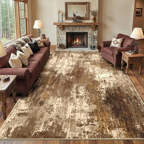 RELEANY Washable 9'x12' Abstract Area Rug for Living Room Brown Tan by RELEANY