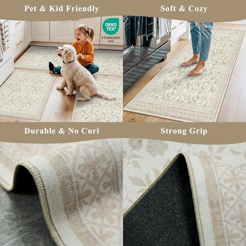 Kitchen Rug Sets 3 Piece, Washable Non-Slip Farmhouse Kitchen Mats for Hardwood Floor, Rustic Floral Boho Runner Rug for Sink,Entryway & Hallway & Bathroom (Beige/Floral,2x3-2x4-2x5) - Image 4