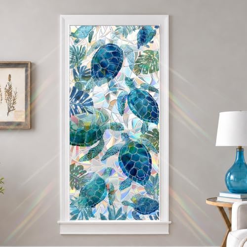 Window Privacy Film 17x 39in Static Cling Window Film Sea Turtle Tropical Leaf Ocean Stained Glass Pattern Light Filtering Nautical Covering Summer Removable for Bathroom Living Room Bedroom by yuenengmaoyi