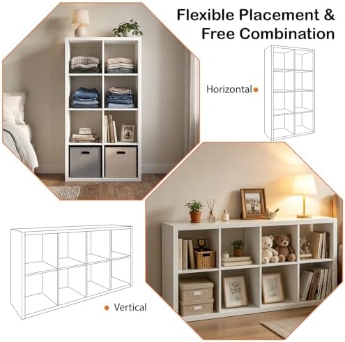 WannabeMyself【2026 Wooden Thick Frame】 8 Cube Storage Organizer with Anti-Tipping Kits, Reversible Open Back Book Shelf,Bookcase for Living Room,Bedroom,Entrance Hall,Office,11.6×48×24.6,White - Image 4