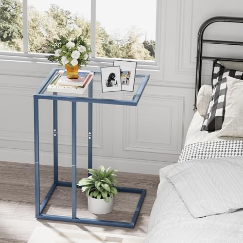 C Table End Table, Glass Couch Side Table, Tempered Glass Snack Side Table with Metal Frame, TV Tray Table for Small Space, Sofa Couch Side Tableand Bed Side Table(Blue) - Image 2