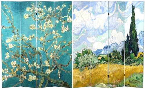 Red Lantern Double Sided Works of Van Gogh Canvas Folding Screen - Almond Blossoms/Wheat Field, 6 ft Tall - 4 Panel by RedLantern
