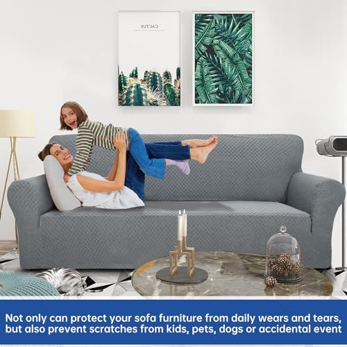 YEMYHOM Couch Cover Latest Jacquard Design High Stretch Extra Large Sofa Covers Pet Dog Cat Proof Oversized Slipcover Non Slip Magic Elastic Furniture Protector (XL Sofa, Light Gray) - Image 2