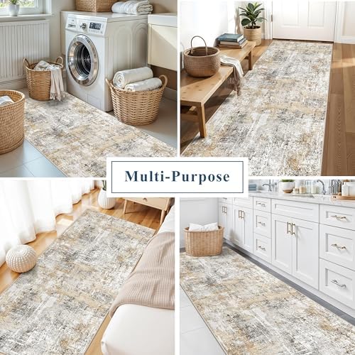 3x7 Washable Non-Slip Kitchen Runner Rug – Modern Abstract Neutral Carpet for Hallway, Entryway, Bedroom, Laundry Room – Low-Pile Thin Wide Floor Runner (Gold Grey - Image 4