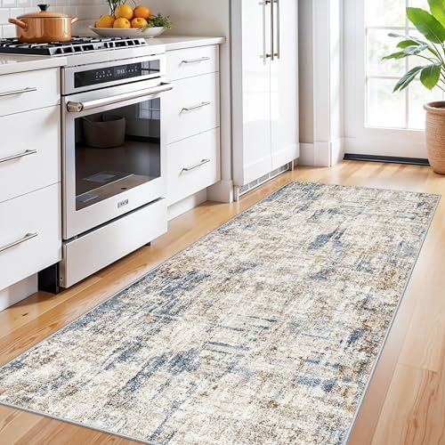 3x7 Washable Non-Slip Kitchen Runner Rug – Modern Abstract Neutral Carpet for Hallway, Entryway, Bedroom, Laundry Room – Low-Pile Thin Wide Floor Runner with Rubber Backing（Blue Brown） - Image 3
