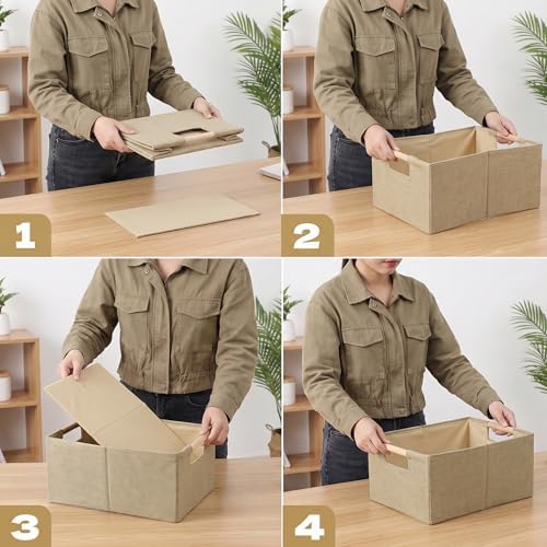 Foldable Fabric Storage Cubes, 2 Packs Cloth Storage Baskets with Wooden Handles, Collapsible Shelf Closet Organizer Bins, Rectangular Storage Boxes for Decor (Coffee Color 2 Pack) - Image 5