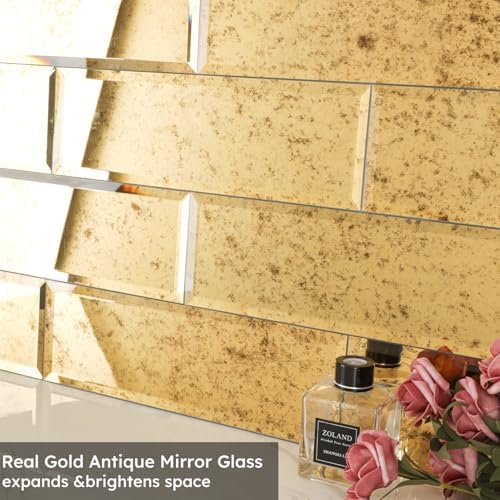 Diflart Peel and Stick Beveled Mirror Tile, Light Antique with Gold, 4x12 Inch, Mirror Backsplash for Kitchen Bar Bathroom Wall Tile (5 Sq.ft, 15 Pcs) - Image 6