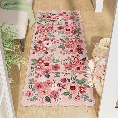 DUKINO 2x5 Washable Runner Rug, Floral Non Slip Rug for Kitchen, Pink by DUKINO
