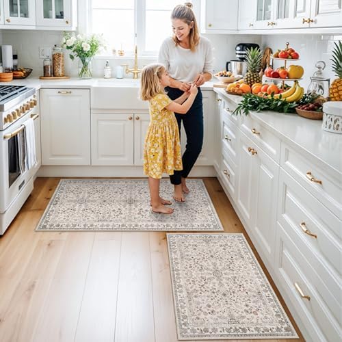 Kitchen Rugs Non-Slip Washable 2 Piece, Modern Boho Low Pile Stain-Resistant Floor Mats Set for Hardwood Floors, Soft Small Decorative Rugs (Beige, 2x3+2x4) - Image 3