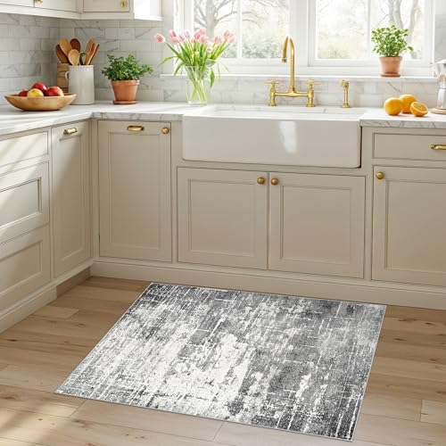 Washable 2x3 Entryway Area Rugs: Abstract Water Resistant Kitchen Rug Non-Slip Durable Doormat for High-Traffic Area Soft Bedroom Beside Carpet Indoor Low Pile Floor Mat for Families(2x3,Black/Grey) - Image 6