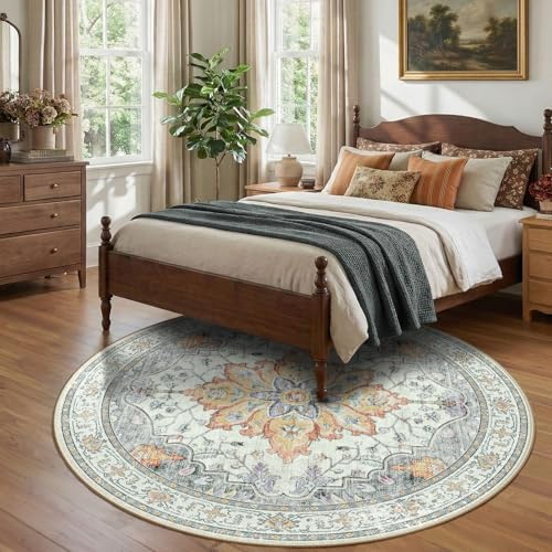 RELEANY Washable Area Rug, Round 8ft, Beige/Carbon Grey/Orange - Image 3
