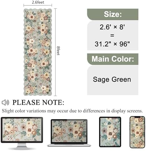 DUKINO 2.6x8 Runner Rug, Floral Washable Kitchens Rug Non Slip, Sage Green - Image 2