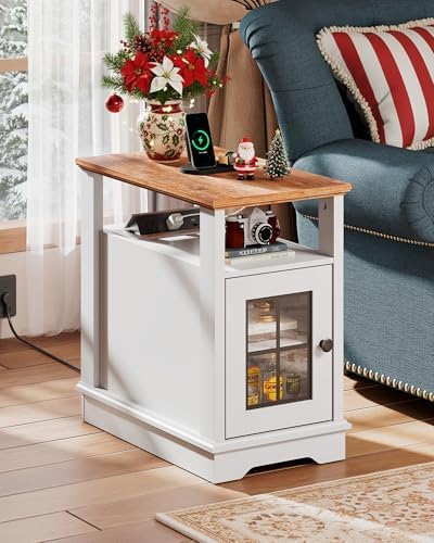 WLIVE Farmhouse End Table with Charging Station, Narrow Side Table with Storage, Small Nightstand with USB Ports and Outlets ，Bedside Cabine for Bedroom, Living Room,White - Image 3