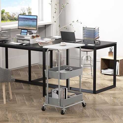 Simple Houseware 2-Tier Rolling Utility Cart Wood Top/Lockable Wheel, White - Image 2