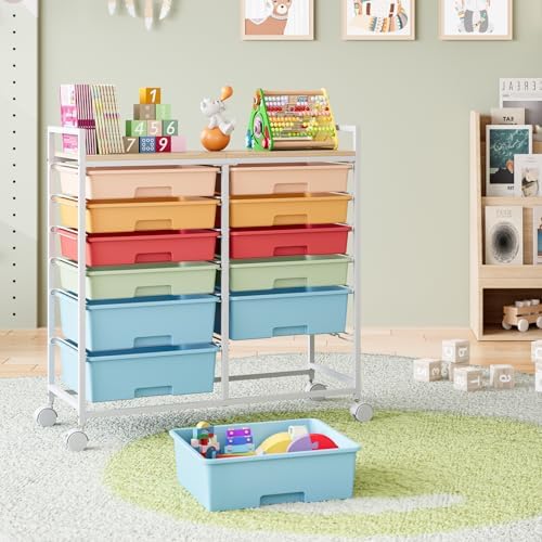 TOOLF 12 Drawers Rolling Storage Cart with Wooden Top for Classroom,Rainbow - Image 2
