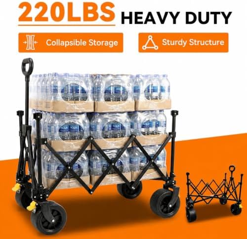 Collapsible Folding Wagon Cart, 220 LBS Heavy Duty Utility Beach Wagon with Adjustable Pull Handle, Compact Foldable Storage Cart for Beach, Camping, Grocery Shopping, Picnic & Outdoor Travel - Image 5