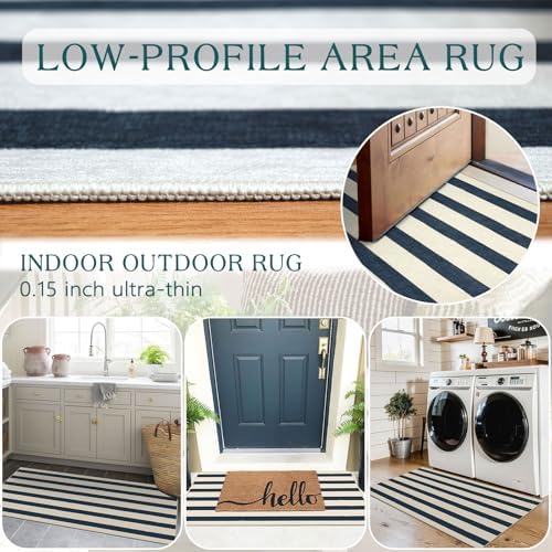 Front Door Mat Indoor Entrance, 2x4.3 Ft Blue and White Striped Rug - Image 5
