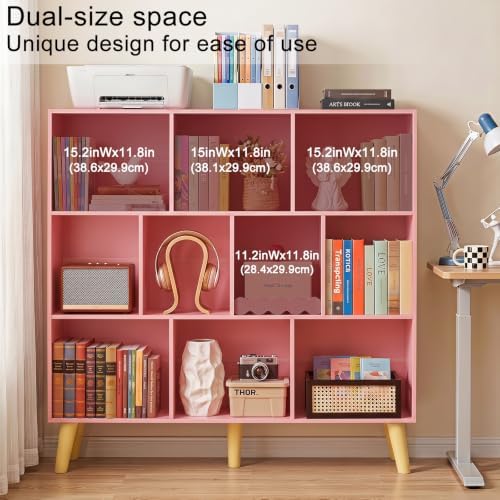 YAHARBO 10 Cube Bookshelf,3 Tier Bookcase with Legs,Light Pink Mid-Century Modern Bookshelves,Large Free Standing Open Storage Organizer Shelf,Tall Wooden Book Case Furniture for Bedroom,Living Room - Image 4