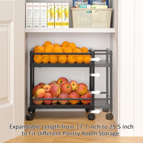 1 Pack 2-Tier Expandable Pantry Floor Organizer Cart, Rolling Pantry Storage Cart with Wheel, Adjustable Can Organizer for Kitchen Pantry, Pantry Shelves and Storage Rack for Snacks, Vegetables, Black - Image 4