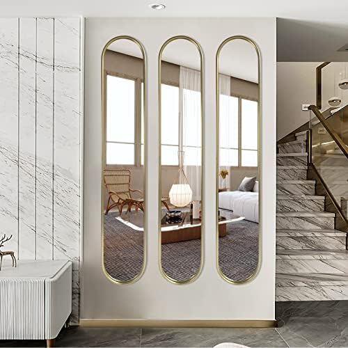 OUSHUAI Gold Tall Mirror,Narrow Capsule Long Mirrors with Metal Frame for Entryway,Hallway,Living Room 44"X8" (3pcs) by OUSHUAI