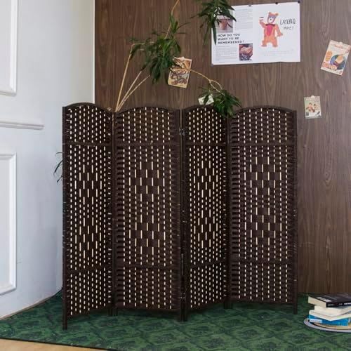 Furnnylane 4 Panel Dark Brown Rattan Room Divider, 47.2" Low Height Double-Sided Folding Privacy Screen, Freestanding Partition Wall for Home Office or Bedroom - Keeps Your Space Open & Airy - Image 4