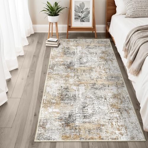 3x6 Washable Non-Slip Kitchen Runner Rug – Modern Abstract Wide Carpet Runner with Rubber Backing for Entryway, Hallway, Bathroom Low Pile Thin (Gold Grey) - Image 4