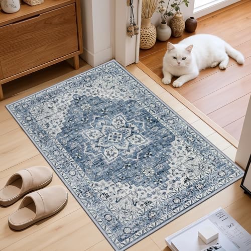 2x3 Area Rugs Living Room: Washable Vintage Rug for Bedroom Blue - Image 2