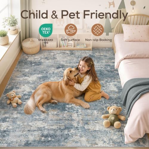 Nakagishi 10x14 Area Rugs Living Room: Washable Abstract Large Neutral Soft Rug Stain Resistant Modern Indoor Floor Non-Slip Carpet for Bedroom Nursery Kids Playroom Office Dining Room Dorm-Blue Brown - Image 4