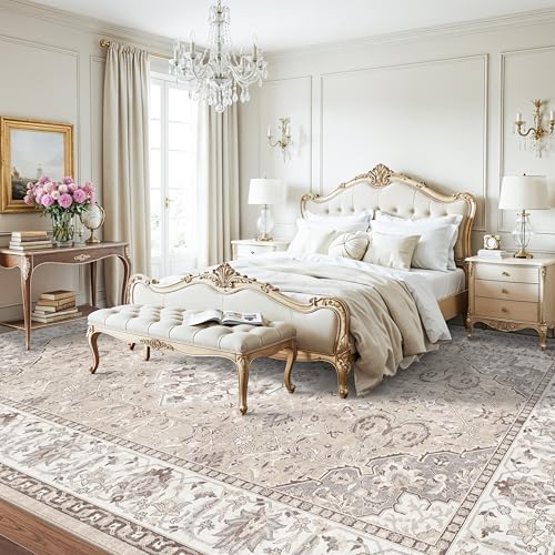 Living Room 12x12 Square Area Rug: Stain Resistant Washable Beige Vintage Rug Low-Pile Soft Floor Carpet for Bedroom Playroom Indoor Non Slip Boho Home Decor Mat for Office Dining Room(12x12，Beige) - Image 5