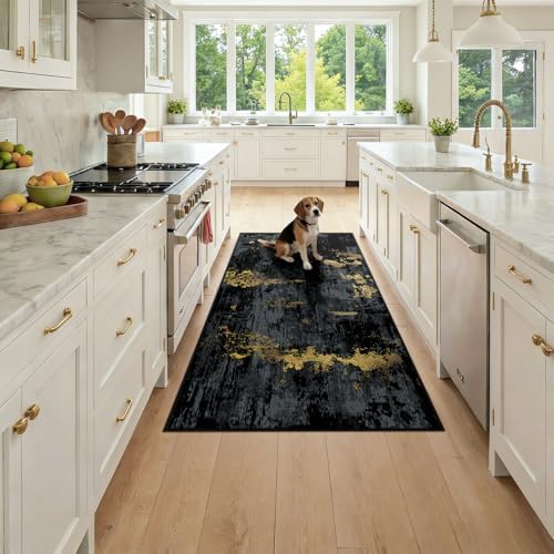 RELEANY Washable Runner 3'x6' Abstract Area Rug for Hallway Black Gold by RELEANY