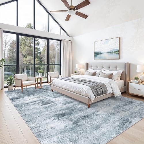 10x14 Area Rug Living Room – Washable Large Neutral Modern Abstract Soft Low Pile Non-Slip Thin Carpet for Bedroom, Dining Room, Home Office (Misty Blue Gray) - Image 3