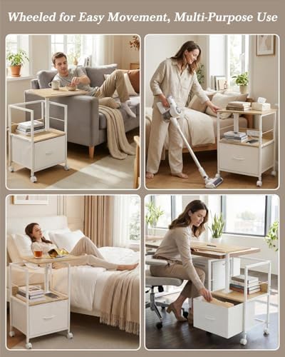 Faesun Swivel Lift Top Nightstand with Charging Station, Rolling Side Table for Recliner, Bedside Table with Wheels & a Fabric Drawer, for Small Spaces, for Bedroom, Living Room, Oak White - Image 6