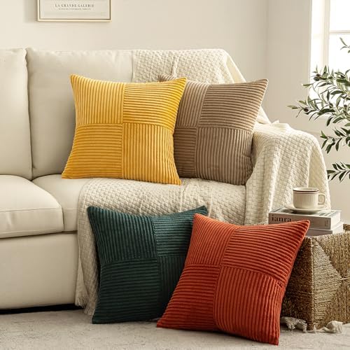 MIULEE Fall Green Rust Throw Pillow Covers 20x20 Inch Set of 4 Boho Farmhouse Soft Corduroy Striped Cushion Cases Decorative Color-Clash Home Decor for Couch Sofa Living Room Bed - Image 3
