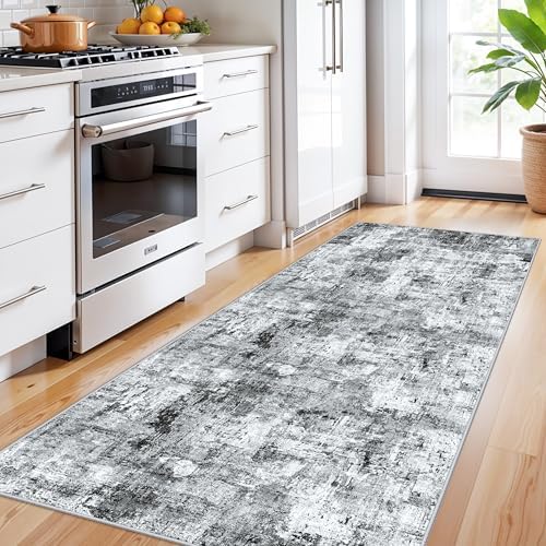 3x7 Washable Non-Slip Kitchen Runner Rug – Modern Abstract Neutral Gray Carpet for Hallway, Entryway, Bedroom, Laundry Room – Low-Pile Thin Wide Floor Runner with Rubber Backing （Grey） - Image 3