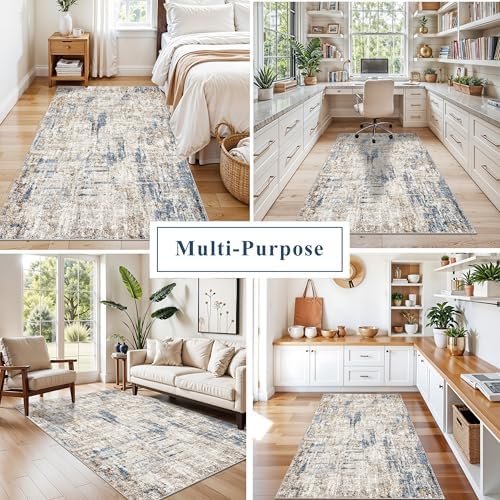 4x6 Washable Entryway Rug – Non-Slip Low-Pile Small Area Rug for Kitchen Bedroom Living Room Office – Modern Abstract Neutral Throw Carpet with Rubber Backing(Blue Brown) - Image 4