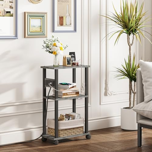 TUTOTAK Small Narrow Side Table with Charging Station, Skinny End Table - Image 2