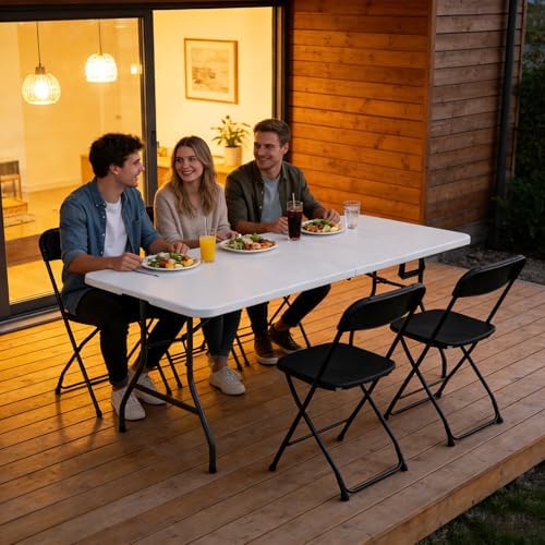Folding Table 6FT Heavy Duty Plastic Table with Handle, Foldable&Portable, Fold-in-Half Utility Tables for Outdoor, Dining, Wedding, Events, Indoor, Picnic, Camping, Party, White - Image 2